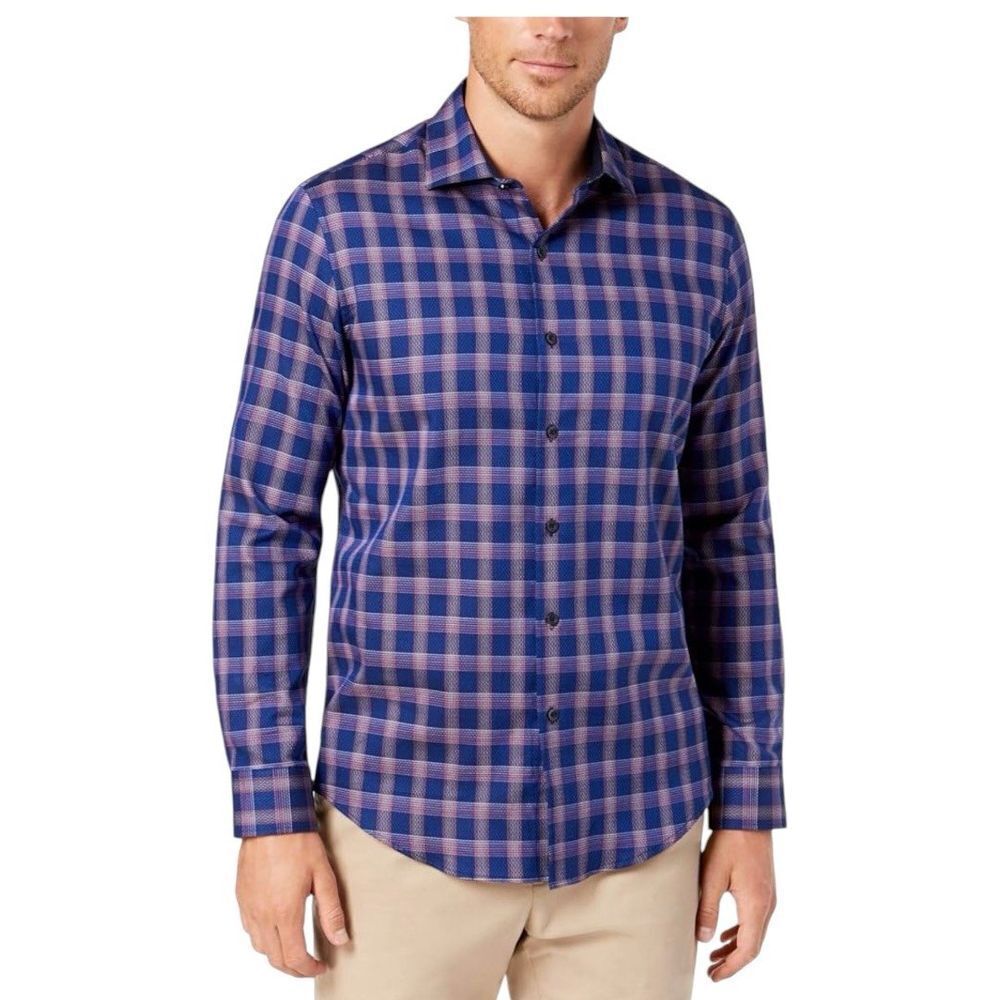 Tasso Elba Men's Bossini‎ Plaid Button Up Long Sleeve XXL Blue Purple MSRP $59